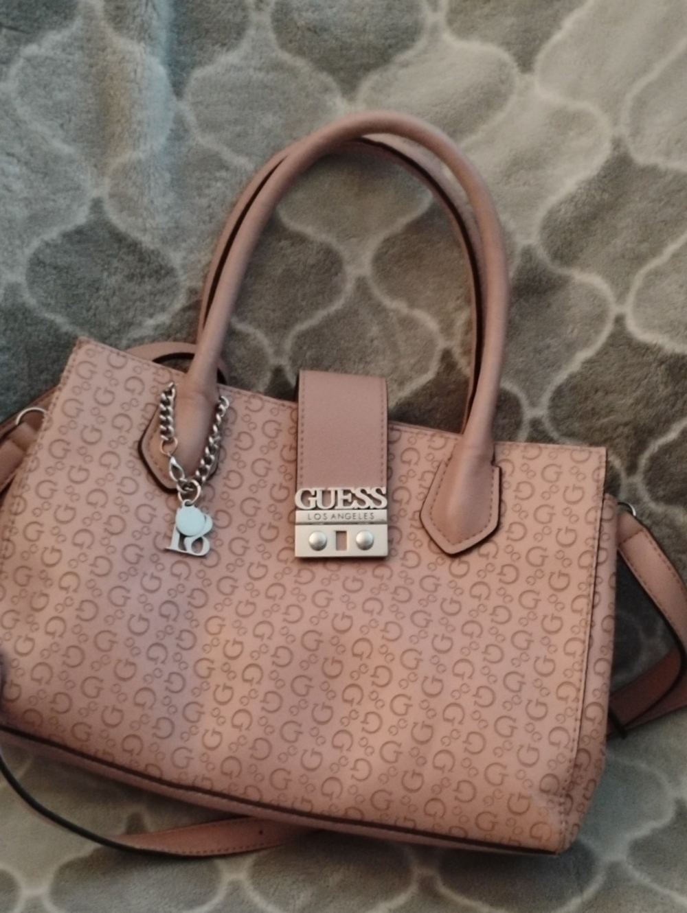GUESS Blush Pink Signature Logo Satchel with Charm 8 Inches High  12 Inches Wide